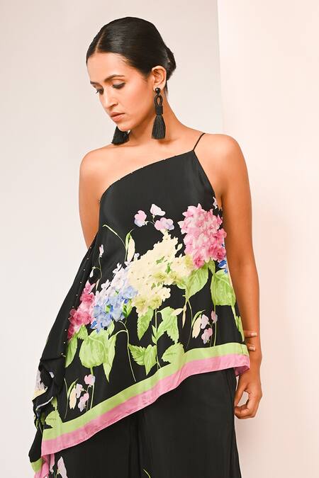 Buy_Rimi Nayak_Black Viscose, Crepe Beads Asymmetric Hydrangea Printed Top And Trouser Set _Online_at_Aza_Fashions