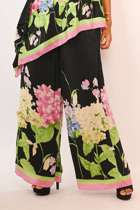 Shop_Rimi Nayak_Black Viscose, Crepe Beads Asymmetric Hydrangea Printed Top And Trouser Set _Online_at_Aza_Fashions