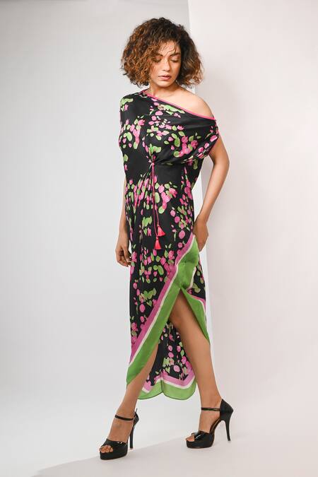 Rimi Nayak_Black Bemberg, Satin Asymmetric Bougainvillea Printed Draped Dress _Online_at_Aza_Fashions