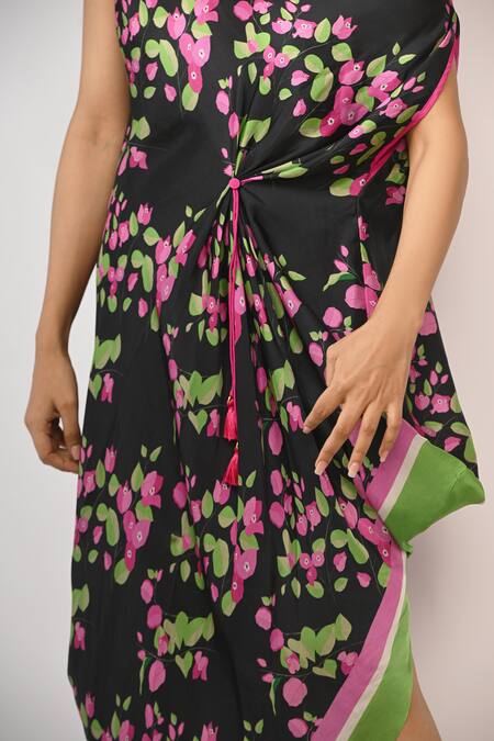 Buy_Rimi Nayak_Black Bemberg, Satin Asymmetric Bougainvillea Printed Draped Dress _Online_at_Aza_Fashions