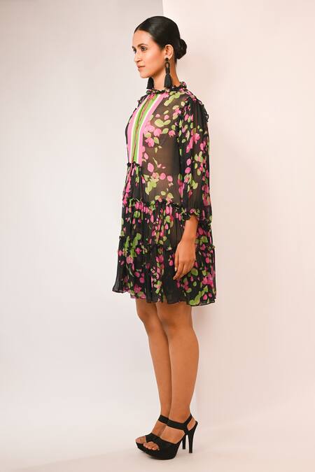 Rimi Nayak_Black Viscose, Georgette Round Neck Bougainvillea Printed Tiered Dress _Online_at_Aza_Fashions