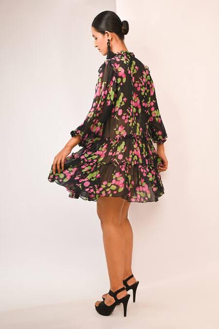 Buy_Rimi Nayak_Black Viscose, Georgette Round Neck Bougainvillea Printed Tiered Dress _Online_at_Aza_Fashions