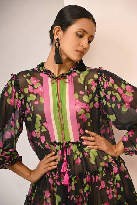 Shop_Rimi Nayak_Black Viscose, Georgette Round Neck Bougainvillea Printed Tiered Dress _Online_at_Aza_Fashions