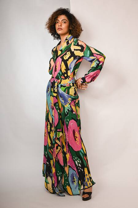 Rimi Nayak_Black Viscose, Crepe Collared Multicolour Floral Printed Shirt _Online_at_Aza_Fashions