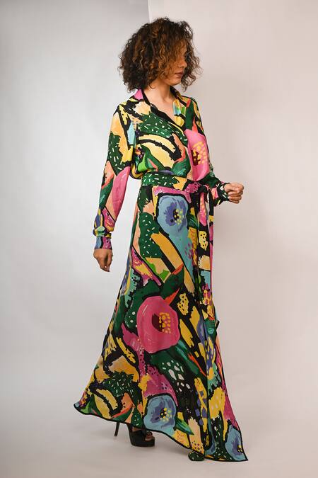 Buy_Rimi Nayak_Black Viscose, Crepe Collared Multicolour Floral Printed Shirt _Online_at_Aza_Fashions