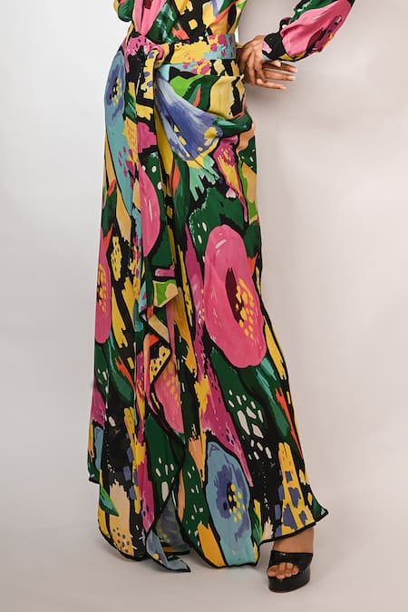 Shop Rimi Nayak Black Viscose, Crepe Floral Print Maxi Skirt Online at Aza Fashions Shop_Rimi Nayak_Black Viscose, Crepe Floral Print Maxi Skirt _Online_at_Aza_Fashions