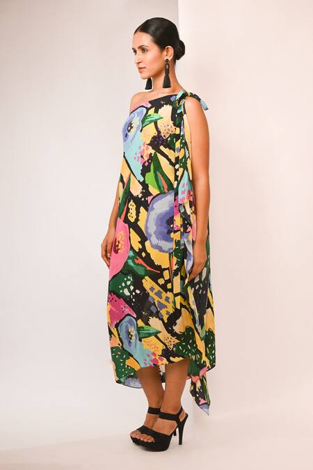 Rimi Nayak_Black Viscose, Crepe One Shoulder Watersplash Floral Printed Dress _Online_at_Aza_Fashions
