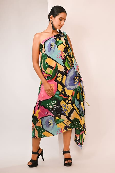 Rimi Nayak Black Viscose, Crepe One Shoulder Watersplash Floral Printed Dress 