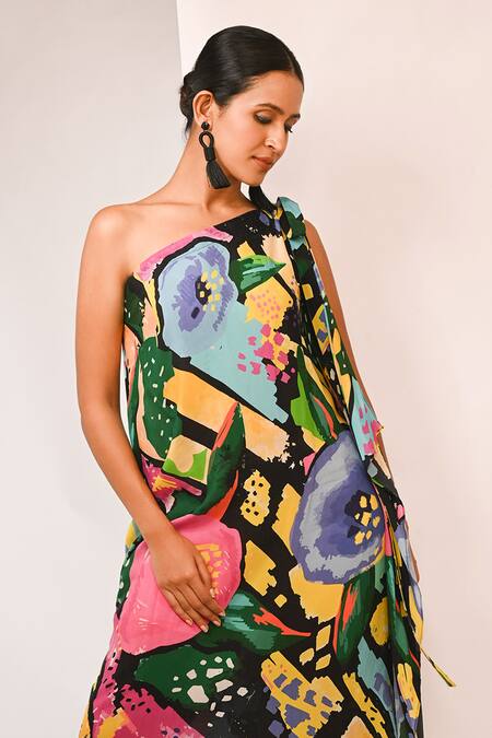 Buy_Rimi Nayak_Black Viscose, Crepe One Shoulder Watersplash Floral Printed Dress _Online_at_Aza_Fashions