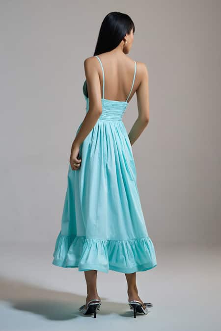 Shop_The Iaso_Aqua Cotton Satin V-neck V Whisper Midi Dress _at_Aza_Fashions