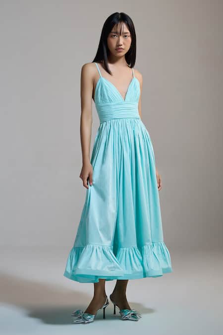 THE IASO Aqua Cotton Satin V-neck V Whisper Midi Dress 
