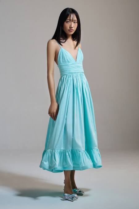 The Iaso_Aqua Cotton Satin V-neck V Whisper Midi Dress _Online_at_Aza_Fashions