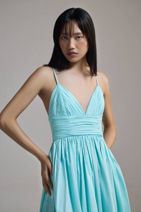 Buy_The Iaso_Aqua Cotton Satin V-neck V Whisper Midi Dress _Online_at_Aza_Fashions
