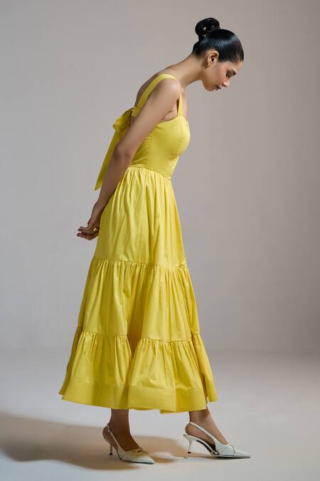 Buy_The Iaso_Yellow Sweetheart Neck Sunbeam Tiered Midi Dress _Online_at_Aza_Fashions