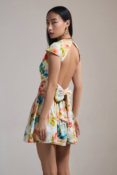 The Iaso_Cream Beads Round Neck Floral Print Petal Rush Mini Dress _Online_at_Aza_Fashions
