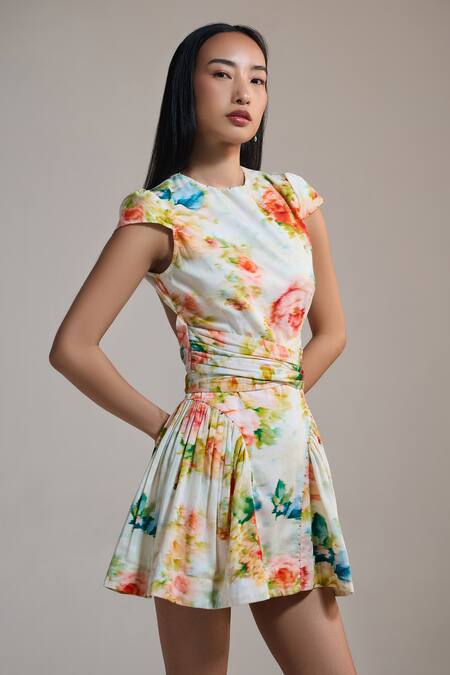 Buy_The Iaso_Cream Beads Round Neck Floral Print Petal Rush Mini Dress _Online_at_Aza_Fashions