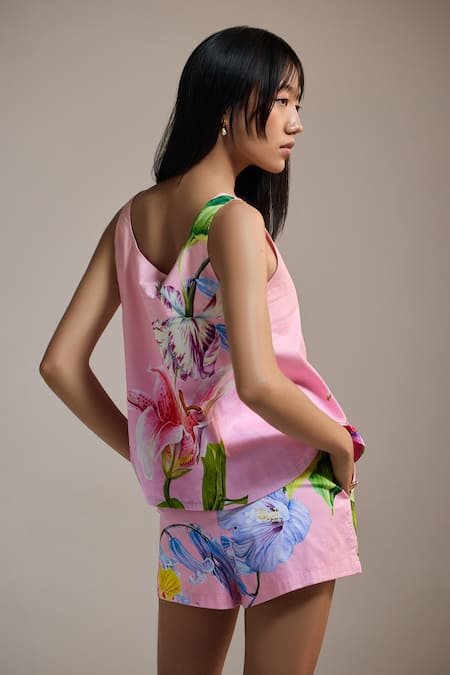 Shop_The Iaso_Pink Scoop Neck Floral Print Tank Top _at_Aza_Fashions