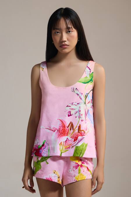 Buy_The Iaso_Pink Scoop Neck Floral Print Tank Top _Online_at_Aza_Fashions