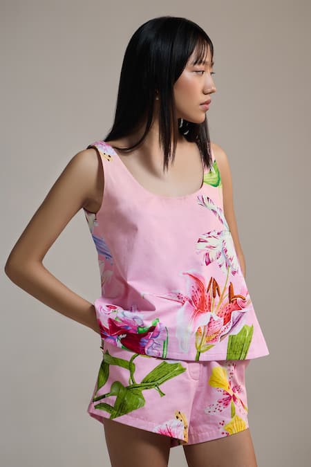 Shop_The Iaso_Pink Scoop Neck Floral Print Tank Top _Online_at_Aza_Fashions