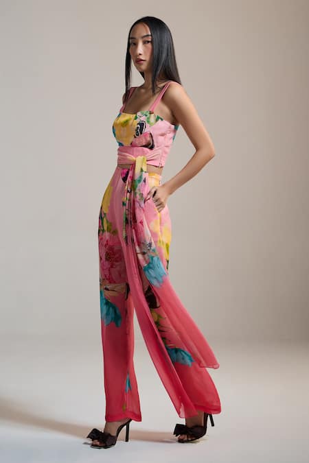 THE IASO Pink Chiffon Floral Print Crinkle Pants 
