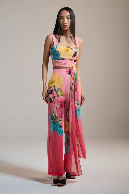 The Iaso Pink Chiffon Floral Print Crinkle Pants Online at Aza Fashions The Iaso_Pink Chiffon Floral Print Crinkle Pants _Online_at_Aza_Fashions