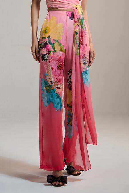 Buy The Iaso Pink Chiffon Floral Print Crinkle Pants Online at Aza Fashions Buy_The Iaso_Pink Chiffon Floral Print Crinkle Pants _Online_at_Aza_Fashions