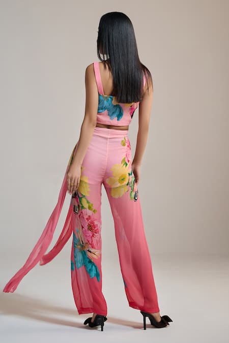 Shop The Iaso Pink Chiffon Floral Print Crinkle Pants at Aza Fashions Shop_The Iaso_Pink Chiffon Floral Print Crinkle Pants _at_Aza_Fashions