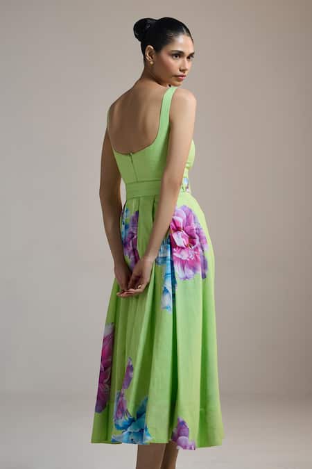 Shop The Iaso Green Linen Scoop Neck Orchid Meadow Dress at Aza Fashions Shop_The Iaso_Green Linen Scoop Neck Orchid Meadow Dress _at_Aza_Fashions