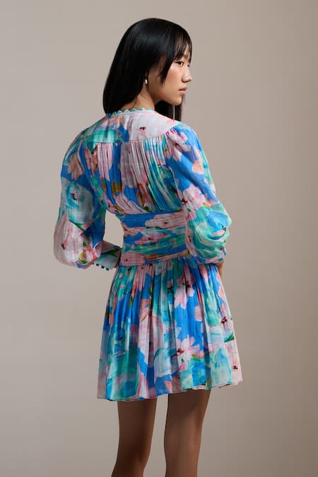 Shop_The Iaso_Blue V-neck Azure Bloom Mini Dress _at_Aza_Fashions