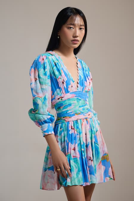 The Iaso_Blue V-neck Azure Bloom Mini Dress _Online_at_Aza_Fashions