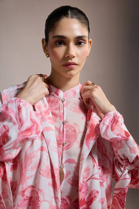 The Iaso_ Floral Print Blush Canopy Coat _at_Aza_Fashions