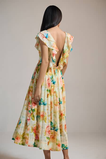 Shop_The Iaso_Yellow Cotton, Jacquard Beads V-neck Floral Ruffle-sleeve Midi Dress _at_Aza_Fashions