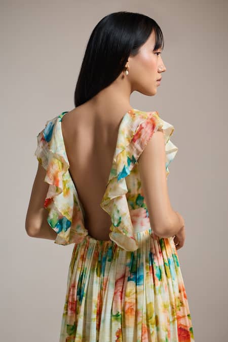 The Iaso_Yellow Cotton, Jacquard Beads V-neck Floral Ruffle-sleeve Midi Dress _Online_at_Aza_Fashions