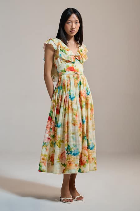 THE IASO Yellow Cotton, Jacquard Beads V-neck Floral Ruffle-sleeve Midi Dress 
