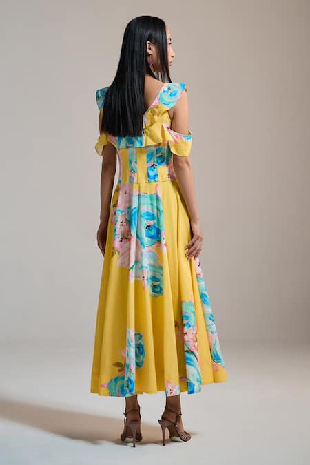 Shop The Iaso Yellow V-neck Sunburst Floral Cold-shoulder Dress at Aza Fashions Shop_The Iaso_Yellow V-neck Sunburst Floral Cold-shoulder Dress _at_Aza_Fashions
