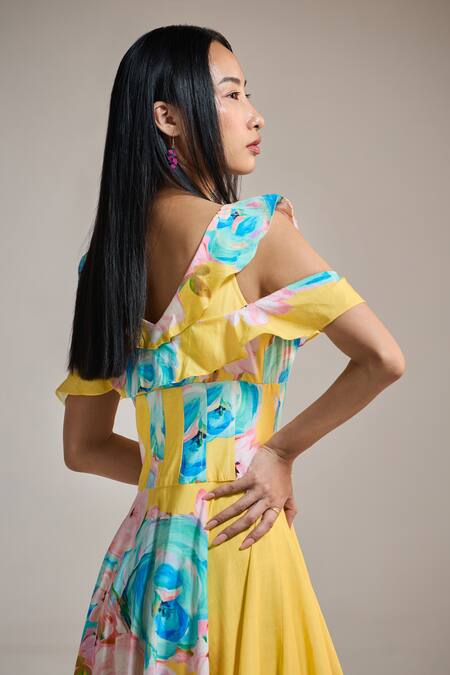 The Iaso Yellow V-neck Sunburst Floral Cold-shoulder Dress Online at Aza Fashions The Iaso_Yellow V-neck Sunburst Floral Cold-shoulder Dress _Online_at_Aza_Fashions