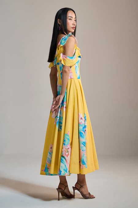 Buy The Iaso Yellow V-neck Sunburst Floral Cold-shoulder Dress Online at Aza Fashions Buy_The Iaso_Yellow V-neck Sunburst Floral Cold-shoulder Dress _Online_at_Aza_Fashions