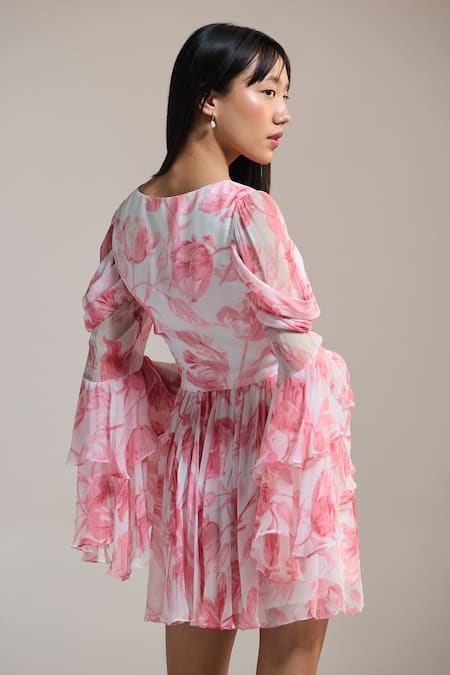 Shop_The Iaso_White Chiffon V-neck Rose Drift Mini Dress _at_Aza_Fashions