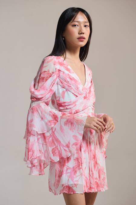 The Iaso_White Chiffon V-neck Rose Drift Mini Dress _Online_at_Aza_Fashions