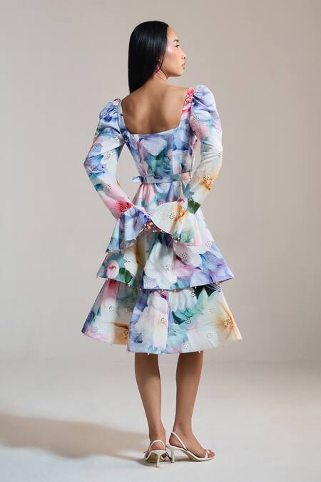 Shop_The Iaso_Multi Color Square Neck Pastel Bloom Tiered Midi Dress _at_Aza_Fashions
