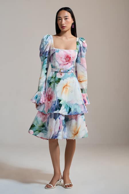 THE IASO Multi Color Square Neck Pastel Bloom Tiered Midi Dress 