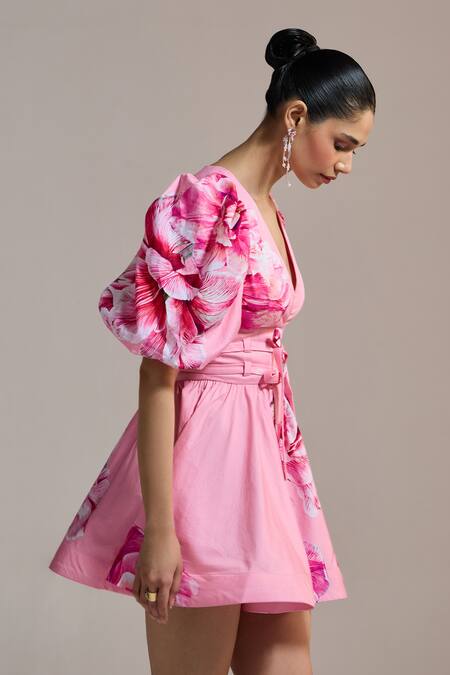 The Iaso Pink Cotton Satin V-neck Blush Bloom Wrap Mini Dress Online at Aza Fashions The Iaso_Pink Cotton Satin V-neck Blush Bloom Wrap Mini Dress _Online_at_Aza_Fashions