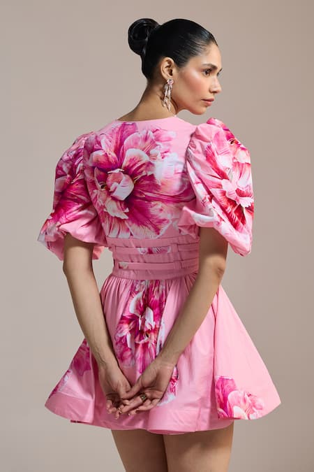 Shop The Iaso Pink Cotton Satin V-neck Blush Bloom Wrap Mini Dress at Aza Fashions Shop_The Iaso_Pink Cotton Satin V-neck Blush Bloom Wrap Mini Dress _at_Aza_Fashions