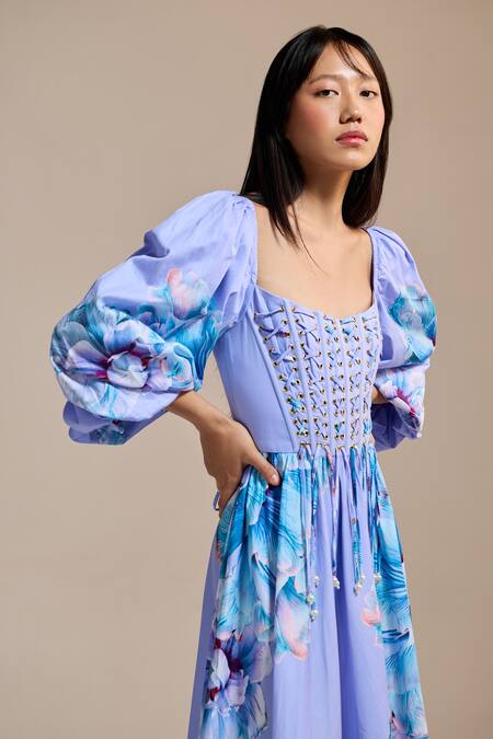 The Iaso Lilac Square Neck Floral Corset Bloom Dress Online at Aza Fashions The Iaso_Lilac Square Neck Floral Corset Bloom Dress _Online_at_Aza_Fashions