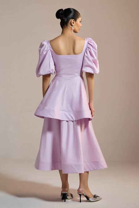Shop The Iaso Lilac Square Neck Peplum Puff-sleeve Dress at Aza Fashions Shop_The Iaso_Lilac Square Neck Peplum Puff-sleeve Dress _at_Aza_Fashions