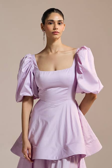The Iaso Lilac Square Neck Peplum Puff-sleeve Dress Online at Aza Fashions The Iaso_Lilac Square Neck Peplum Puff-sleeve Dress _Online_at_Aza_Fashions