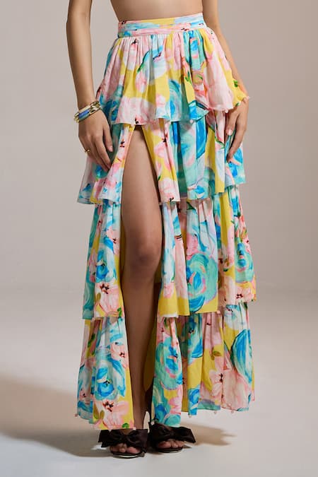 The Iaso_Yellow Sunburst Garden Tiered Skirt _Online_at_Aza_Fashions