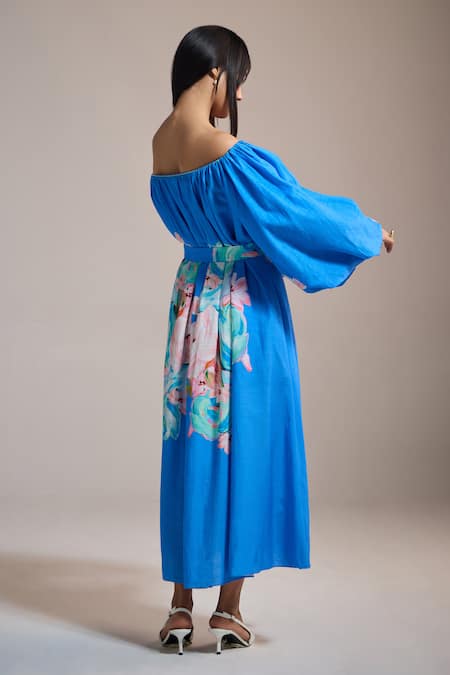 Shop The Iaso Blue Off-shoulder Lotus Bardot Dress at Aza Fashions Shop_The Iaso_Blue Off-shoulder Lotus Bardot Dress _at_Aza_Fashions