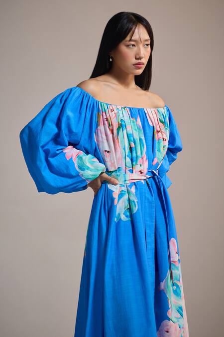 The Iaso Blue Off-shoulder Lotus Bardot Dress Online at Aza Fashions The Iaso_Blue Off-shoulder Lotus Bardot Dress _Online_at_Aza_Fashions