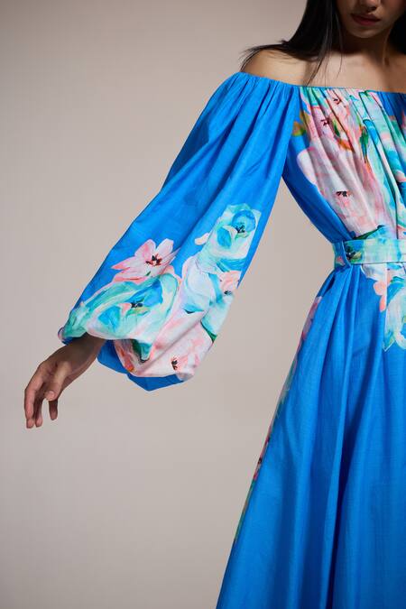 Buy The Iaso Blue Off-shoulder Lotus Bardot Dress Online at Aza Fashions Buy_The Iaso_Blue Off-shoulder Lotus Bardot Dress _Online_at_Aza_Fashions